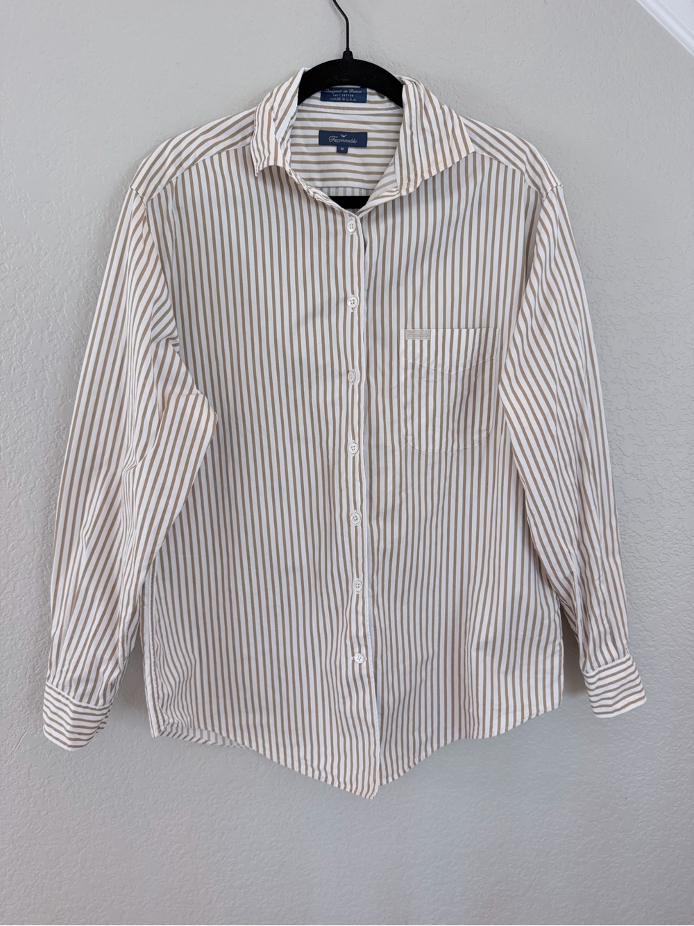 Façonnable Tan White Pinstripe Button Down Shirt Medium Made in USA